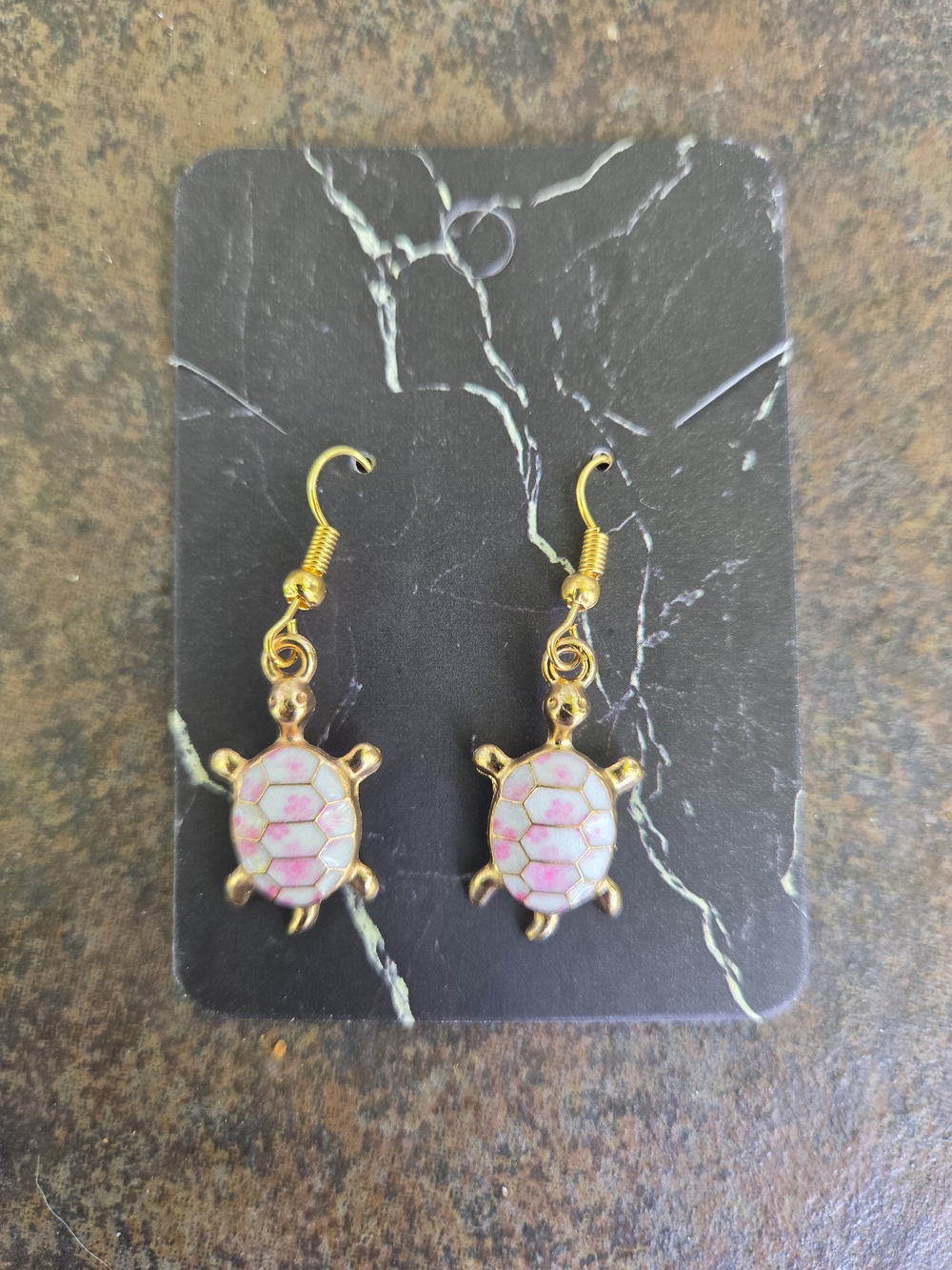 Gold Turtle Drop Earrings with Pink and White Shell Inlay - Women Jewelry